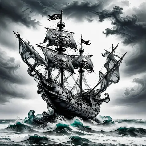 A pirate ship with intricate detailing riding the ocean waves, scattered diffusion, stormy grey sky background, gloom, high contrast, dramatic lighting direction with low intensity , <lora:gloom:0.7>