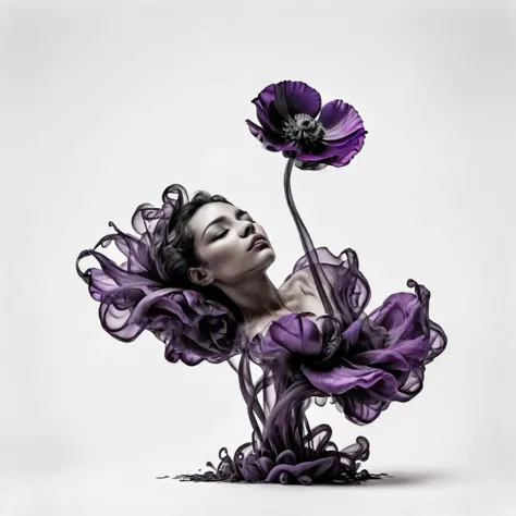A beautiful woman sleeping on a large purple poppy flower, best quality <lora:Gloom-step00000900:.67>, white background, beautiful photograph