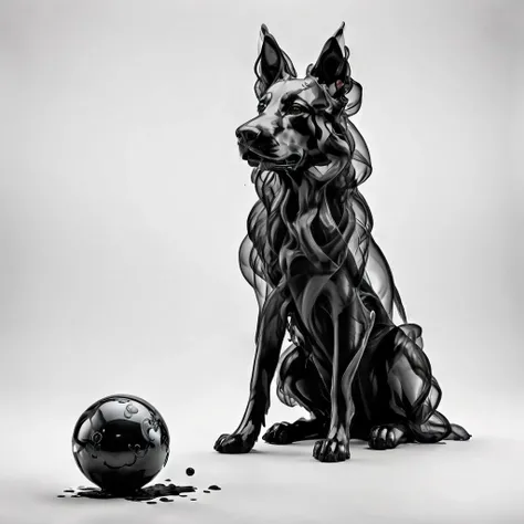 A German Shepherd looking left with a black ball in a white room, white background, photograph, 8K resolution, best quality <lora:Gloom-step00000900:.65>