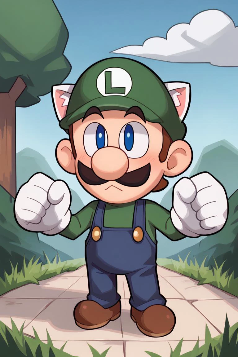 score_9, score_8_up, score_7_up, BREAK, 1boy, solo, <lora:necoarccon-guy-PONYv1:1>, necoarccon, lit pupils, cat ears, :3, chibi, <lora:Luigi_XLPD:.7> Incrsluigi, luigi, green headwear, blue overalls, white gloves, long sleeves, outdoors,
