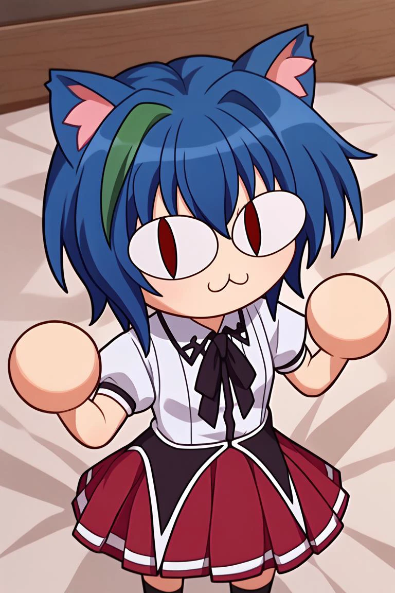 score_9, score_8_up, score_7_up, BREAK, 1girl, solo, <lora:necoarccon-guy-PONYv1:1>, necoarccon, lit pupils, cat ears, :3, chibi, <lora:highschooldxd_xenovia_ponyXL:1> xenovia quarta, school uniform, white shirt, black ribbon, neck ribbon, puffy short sleeves, corset, red skirt, pleated skirt