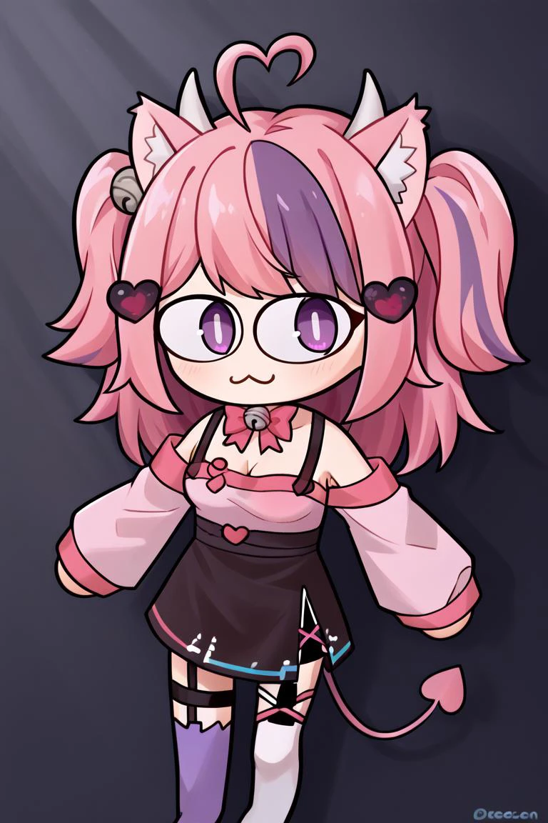 score_9, score_8_up, score_7_up, BREAK, 1girl, solo, <lora:necoarccon-guy-PONYv1:1>, necoarccon, lit pupils, cat ears, :3, chibi, <lora:Ironmouse_XLPD:1>, IronmouseDefS2, purple eyes, demon horns, demon girl, demon tail, demon wings, heart hair ornament, heart ahoge, twintails, bangs, two side up, long hair, shirt, black skirt, bow, cleavage, bell, jingle bell, off shoulder, asymmetrical legwear, single thighhigh, thighhighs, thigh strap, detached sleeves, bowtie, socks