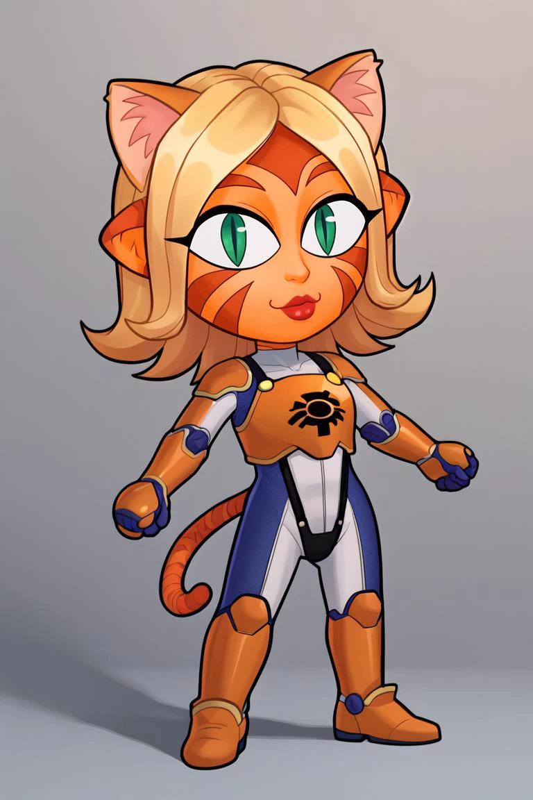 score_9, score_8_up, score_7_up, BREAK, 1girl, solo, <lora:necoarccon-guy-PONYv1:1>, necoarccon, lit pupils, cat ears, :3, chibi, <lora:KitraandraPDXL_V1-Manityro-CAME:1> Kitraandra, orange skin, pointy ears, tail, green eyes, slit pupils, facial mark, forehead mark, stripes, medium hair, blonde hair, lipstick, KitOutfit, orange armor, white bodysuit, blue bodysuit, two-tone bodysuit