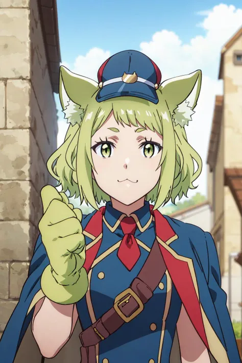 <lora:0014Kmiaha:1>,miaha,looking_at_viewer,hat,uniform,jacket,cape,gloves,
