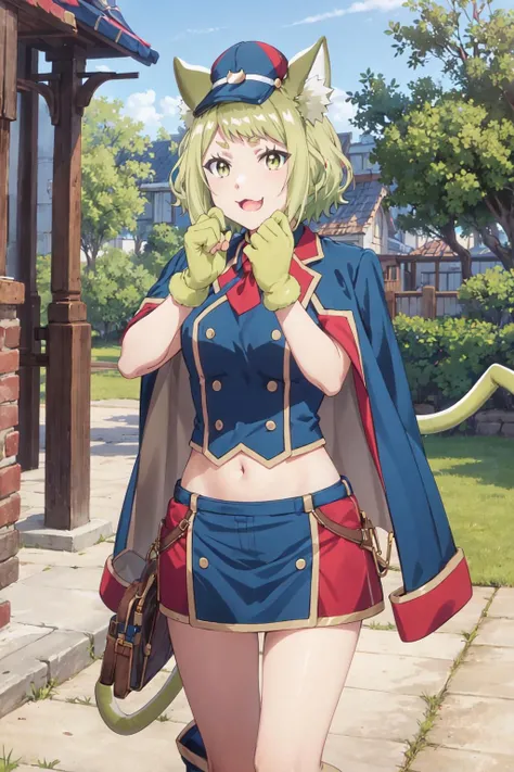 <lora:0014Kmiaha:1>,miaha,hat,uniform,jacket,cape,gloves,cat_pose,