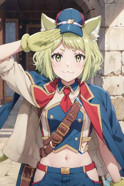 <lora:0014Kmiaha:1>,miaha,hat,uniform,jacket,cape,gloves,:3,salute