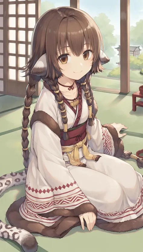 score_9, score_8_up, score_7_up, source_anime, 
BREAK <lora:[P]Anju_v1:0.75>, brown hair, quad braids, animal ears, hair tubes, brown eyes, choker, necklace, ainu clothes, leopard tail, indoors, japanese architecture, tatami, sitting, japanese garden, smile,