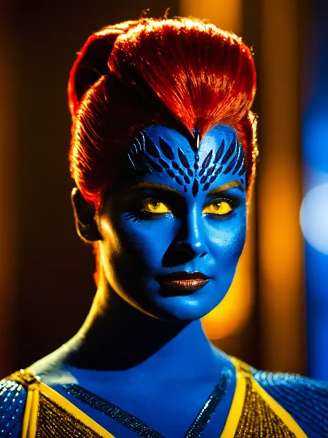 film still of <lora:Mystique X-Men:1>, Mystique X-Men, a red bun updo hair woman, yellow eyes, blue skin, portrait, shallow depth of field, vignette, highly detailed, bokeh, cinema-scope, moody, epic, gorgeous, film grain, grainy,