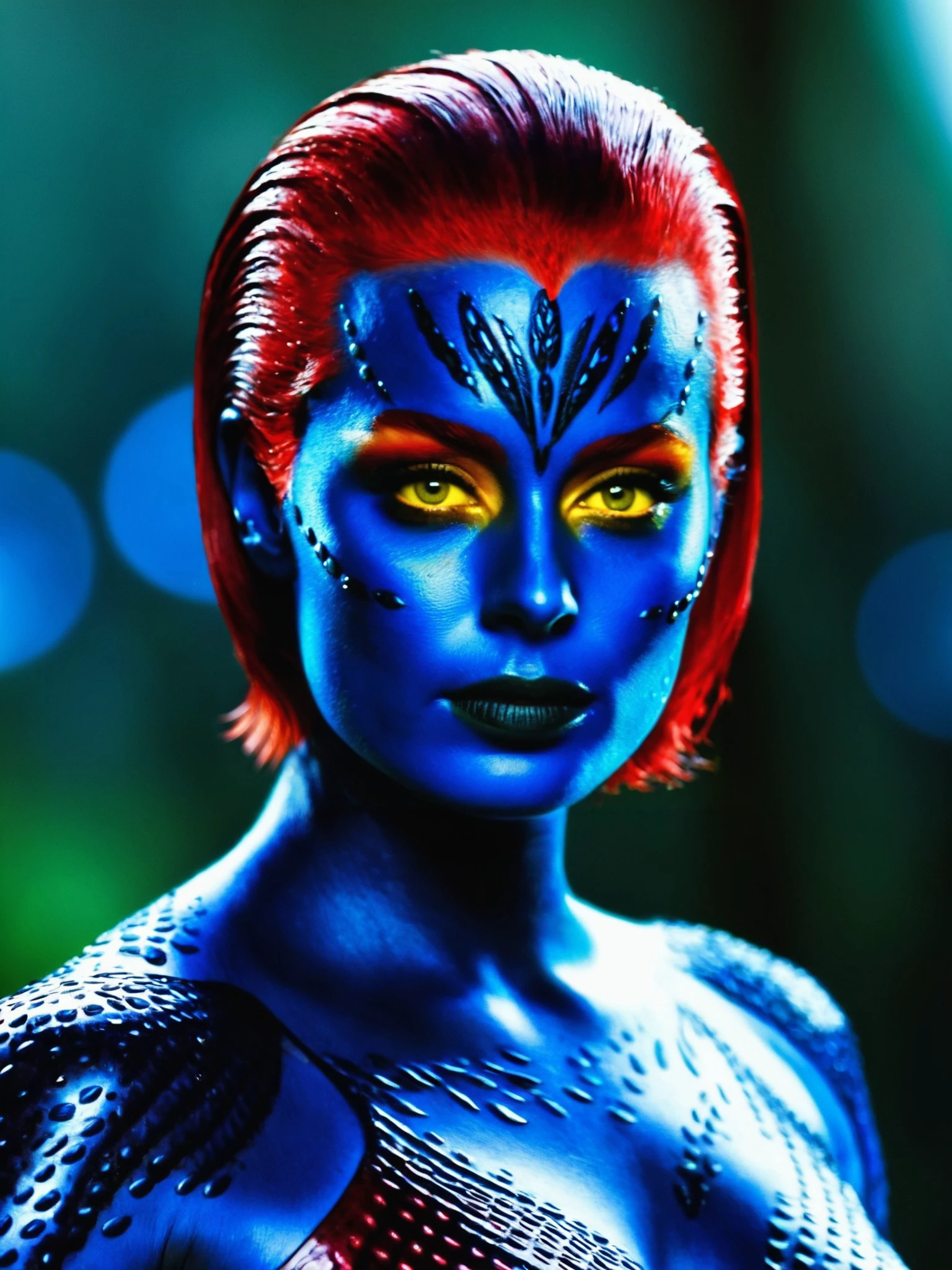 film still of <lora:Mystique X-Men:1>, Mystique X-Men, slick wet hair red, yellow eyes, blue skin, portrait, shallow depth of field, vignette, highly detailed, bokeh, cinema-scope, moody, epic, gorgeous, film grain, grainy, <lora:detailedeyes:1>