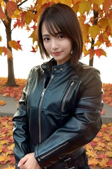 1girl,(wearing biker outfit:1.2),(RAW photo, best quality), (realistic, photo-realistic:1.4), masterpiece, an extremely delicate and beautiful, extremely detailed, 2k wallpaper, Amazing, finely detail, extremely detailed CG unity 8k wallpaper, ultra-detailed, highres, soft light, beautiful detailed girl, extremely detailed eyes and face, beautiful detailed nose, beautiful detailed eyes,cinematic lighting,(autumn scenery:1.3),perfect anatomy,slender body,smiling <lora:hirajimanatsumi_lora:0.8>,(short hair)