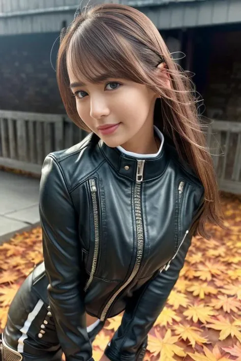 1girl,(wearing biker outfit:1.2),(RAW photo, best quality), (realistic, photo-realistic:1.4), masterpiece, an extremely delicate and beautiful, extremely detailed, 2k wallpaper, Amazing, finely detail, extremely detailed CG unity 8k wallpaper, ultra-detailed, highres, soft light, beautiful detailed girl, extremely detailed eyes and face, beautiful detailed nose, beautiful detailed eyes,cinematic lighting,(autumn scenery:1.3),perfect anatomy,slender body,smiling <lora:hirajimanatsumi_lora:0.8>