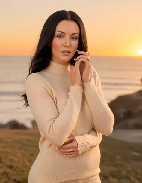 Amidst a serene setting, Courtney Ryan, dressed in a warm sweater, gracefully posed with her radiant face lit by the golden hues of an ethereal sunset, her cascading black hair accentuated by the gentle breeze while flaunting her stunning figure accentuated by her wedding ring on one hand. <lora:xuxguy18e7c5c3e3dq3c7:1>