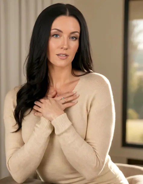 Atop a picturesque setting, the exquisite Courtney Ryan, with her long, cascading black hair and a warm sweater hugging her frame, posed gracefully while looking directly into the viewer's eyes, her wedding ring reflecting sunlight as she simultaneously highlighted her curves and displayed confidence. <lora:xuxguy18e7c5c3e3dq3c7:1>