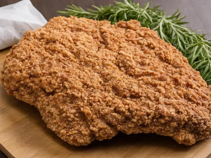 A high-resolution, hyper-realistic image of a deliciously fried chicken cutlet, referred to as G8G. The G8G is golden brown, with a crispy, crumbly coating and tender, juicy meat inside. It's served on a rustic wooden plate, with a side of fresh, colorful vegetables and a dollop of tangy sauce. The scene is set in a cozy, homely kitchen, with all elements in sharp focus, creating a clear and detailed image. The lighting should be warm and inviting, highlighting the appetizing qualities of the G8 and the cozy atmosphere of the setting, <lora:g8:0.7>