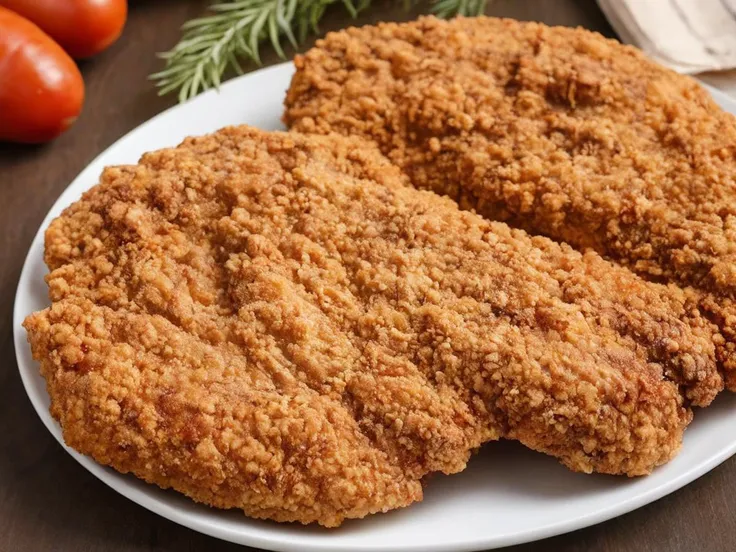 A high-resolution, hyper-realistic image of a deliciously fried chicken cutlet, referred to as G8G. The G8G is golden brown, with a crispy, crumbly coating and tender, juicy meat inside. It's served on a rustic wooden plate, with a side of fresh, colorful vegetables and a dollop of tangy sauce. The scene is set in a cozy, homely kitchen, with all elements in sharp focus, creating a clear and detailed image. The lighting should be warm and inviting, highlighting the appetizing qualities of the G8 and the cozy atmosphere of the setting, <lora:g8:0.7>