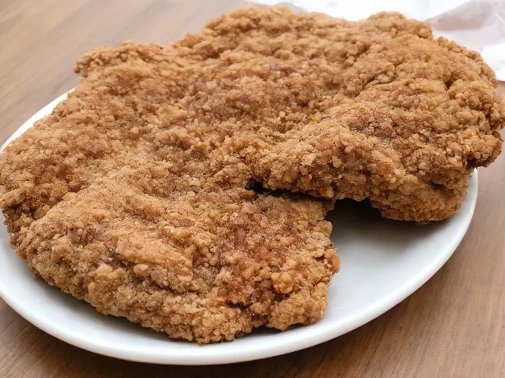 A high-resolution, hyper-realistic image of a deliciously fried chicken cutlet, referred to as G8G. The G8G is golden brown, with a crispy, crumbly coating and tender, juicy meat inside. It's served on a rustic wooden plate, with a side of fresh, colorful vegetables and a dollop of tangy sauce. The scene is set in a cozy, homely kitchen, with all elements in sharp focus, creating a clear and detailed image. The lighting should be warm and inviting, highlighting the appetizing qualities of the G8 and the cozy atmosphere of the setting, <lora:g8:0.7>