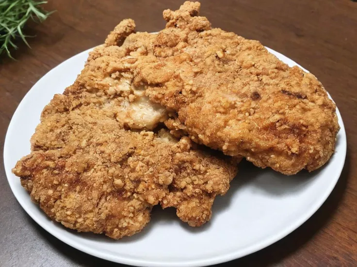 A high-resolution, hyper-realistic image of a deliciously fried chicken cutlet, referred to as G8G. The G8G is golden brown, with a crispy, crumbly coating and tender, juicy meat inside. It's served on a rustic wooden plate, with a side of fresh, colorful vegetables and a dollop of tangy sauce. The scene is set in a cozy, homely kitchen, with all elements in sharp focus, creating a clear and detailed image. The lighting should be warm and inviting, highlighting the appetizing qualities of the G8 and the cozy atmosphere of the setting, <lora:g8:0.7>