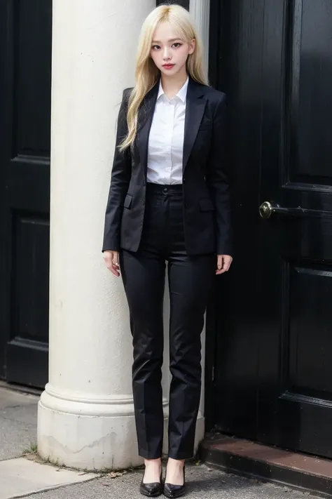 (RAW shooting, Photoreal:1.5, 8k, highest quality, masterpiece, ultra high resolution), perfect dynamic composition:1.2, Highly detailed skin and facial textures:1.2,beautiful and aesthetic:1.2, full body, Fair skin, (large breast:1.4), (perfect limbs:1.2), (perfect fingers:1.2),(caucasian,1girl,earrings,makeup, tall,short blonde hair,brown vest,tight white shirt,long sleeves,long necktie,fingerless gloves,belt,tight black long pants,perfect thigh,black ankle boots),(simple background:1),