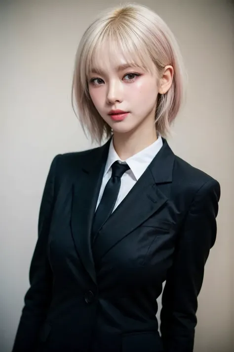 1girl,solo,pink hair,bangs,two-tone hair,short hair,collared shirt, blazer,pant suit, upper body,simple background,
<lora:Lovesh-KarinaV1:1>