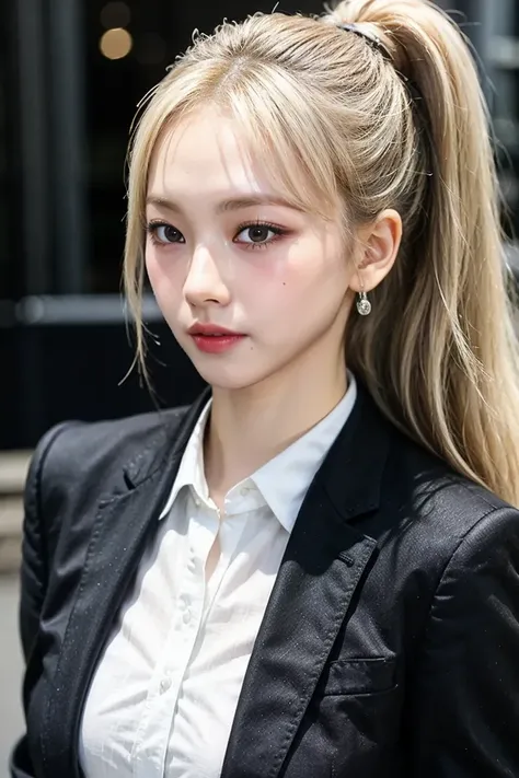 1girl,solo,blonde hair,ponytail,bangs,collared shirt, blazer,  upper body
<lora:Lovesh-KarinaV1:1>