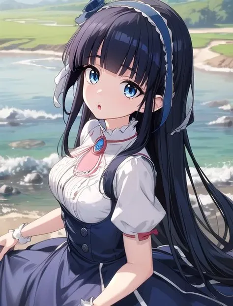 best quality, masterpiece, highres, detailed, digital artwork, <lora:Detail - add_detail:0.2>, MyojinOka, <lora:Character - MyojinOka:0.8>, blue hairband, blue eyes, black hair, long hair, blue dress, puffy white sleeves, :o,valley