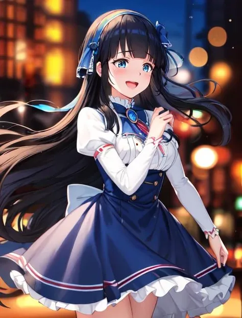 best quality, masterpiece, highres, detailed, digital artwork, <lora:Detail - add_detail:0.2>, MyojinOka, <lora:Character - MyojinOka:0.8>, blue hairband, blue eyes, black hair, long hair, blue dress, brooch, puffy sleeves, blush, happiness,ship, blurry background, bokeh,