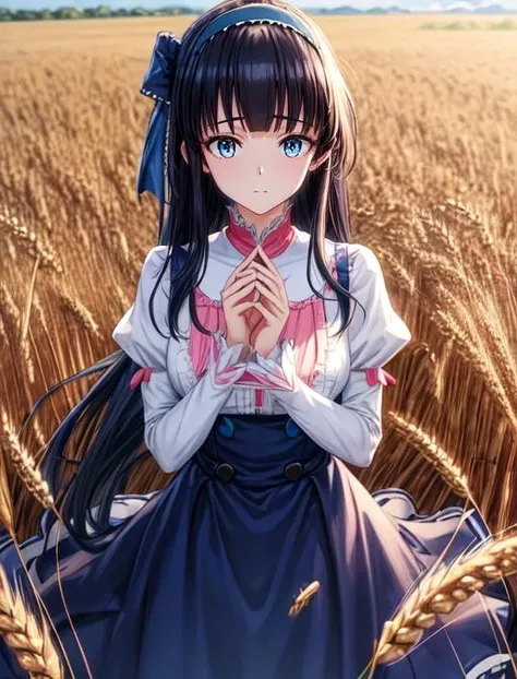 best quality, masterpiece, highres, detailed, digital artwork, <lora:Detail - add_detail:0.2>, MyojinOka,  <lora:Character - MyojinOka:0.8>, blue hairband, blue eyes, black hair, long hair, blue dress, puffy white sleeves, suspicious,field of wheat