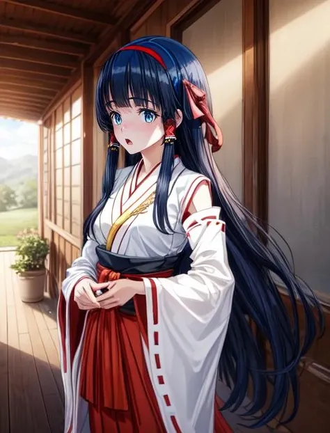 best quality, masterpiece, highres, detailed, digital artwork, <lora:Detail - add_detail:0.2>, MyojinOka, <lora:Character - MyojinOka:0.8>, blue hairband, blue eyes, black hair, long hair, miko, red hakama, frightened,camp