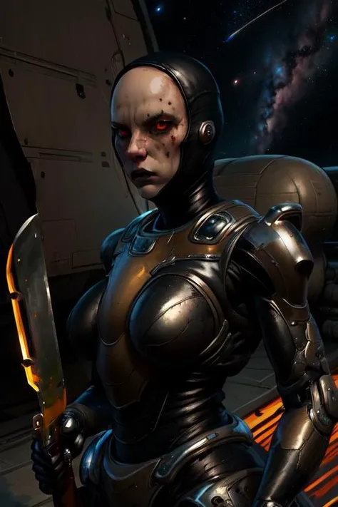 Scorpion, black armor, armored breasts, black sclera, orange eyes, bald cap, upper body, cowboy shot,
holding mechanical machete, heat sword,
space ship, oil, dim lights,
(insanely detailed, beautiful detailed face, masterpiece, beautiful detailed eyes, best quality) <lora:Scorpion-09:0.7>