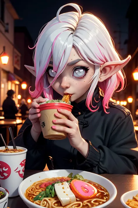 pov, <lora:Briarv06:0.6> briar, evbriar, solo, 1girl, gradient hair, pink sclera, white hair, short hair, multicolored hair, grey skin, silver eyes, pointy ears, hair between eyes, black coat, eating ramen, at night, restaurant, detailed background, best quality, masterpiece