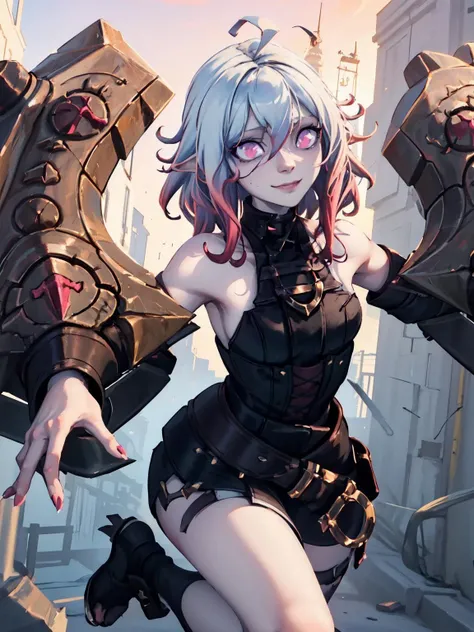 <lora:briar:1> briar, 1girl, weapon over shoulder, over shoulder, solo, smile, pink eyes, multicolored hair, dress, bare shoulders, hair between eyes, pink hair, ahoge, black dress, looking at viewer, gradient hair, closed mouth, outdoors, fingernails, boots, armor, colored sclera, black footwear, grey hair, bangs