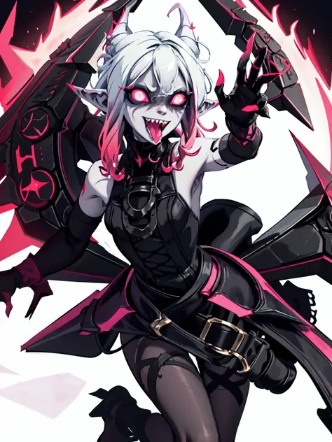 <lora:briar:0.8> evbriar, tongue, teeth, pointy ears, black dress, glowing, sharp teeth, glowing eyes, open mouth, gradient hair, multicolored hair, colored sclera