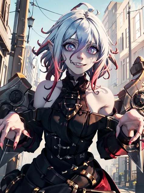 <lora:briar:1> briar, 1girl, solo, smile, multicolored hair, dress, bare shoulders, hair between eyes, pink hair, ahoge, black dress, looking at viewer, gradient hair, closed mouth, outdoors, fingernails, armor, (colored sclera:1.3), grey hair, bangs, sharp teeth,