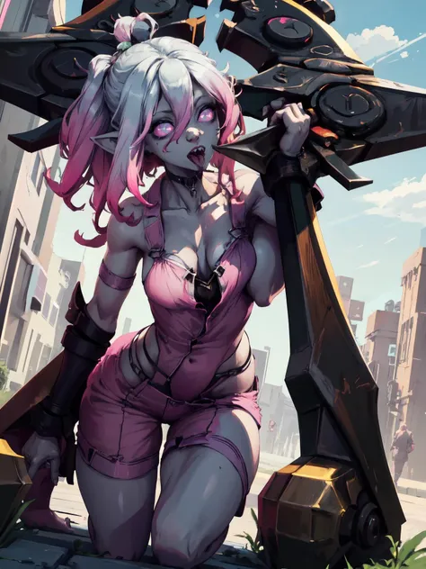 (highres, hyperdetailed:1.3), (too fine and detailed:1.4), (high precision, absurdres:1.3), (shiny skin), briar, pink sclera, teeth, multicolored hair, gradient hair, silver eyes, hair between eyes, pointy ears, tongue out, <lora:Briarv06n2:0.7> , outdoors, pillory hemolith, (pink pajamas:1.3)