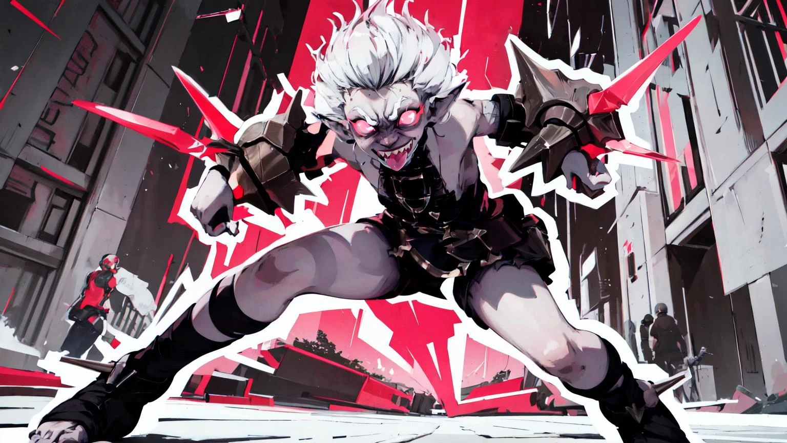 (night, solo, action scene, action pose, forest:1.4),
<lora:Briarv06n2:0.8> evbriar, solo, teeth, tongue, pointy ears, sharp teeth, tongue out, pink eyes, holding, glowing eyes, open mouth, glowing, colored skin, power eyes, pink sclera, black outfit, grey skin, colored sclera, 1girl, white hair, knife, spiked hair, long tongue, gradient hair, holding knife, dual knife, dual wielding, short hair, no pupils,