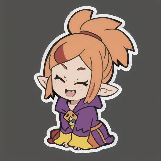 emoji, simple background, 1girl, solo, full body, black background, white skin, outline, iop, pointy ears, orange hair, medium hair, closed eyes, open-mouthed smile, freckles, evil smile, dynamic pose, happy emotion, warrior
