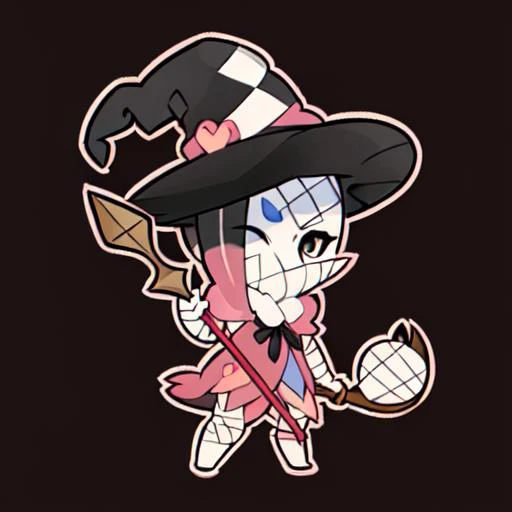 emoji, simple background, 1girl, solo, full body, black background, outline, xelor, covered mouth, one eye closed, no pupils, looking at viewer, ;), standing, dynamic pose, happy emotion, mage, hat, mage hat, witch hat, bandaid, bandages, tentacles, staff, holding staff, holding