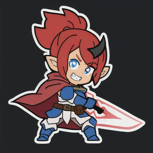 emoji, simple background, 1boy, solo, full body, black background, white skin, outline, iop, pointy ears, red hair, medium hair, pupils, looking at viewer, smile, grin, teeth, standing, fighting stance, happy emotion, warrior, armor, cape, gloves, weapon, sword, sword on fire, holding