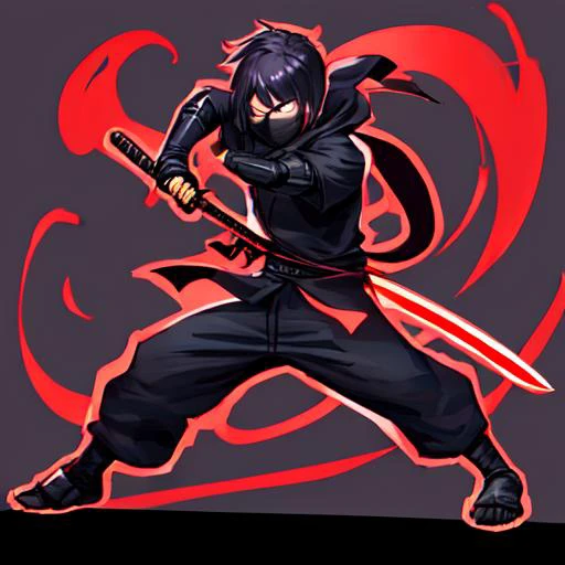 emoji, simple background, 1boy, ninja, solo, full body, black background, holding a katana, outline, iop, glowing eyes, angry, evil, dynamic pose, furious emotion