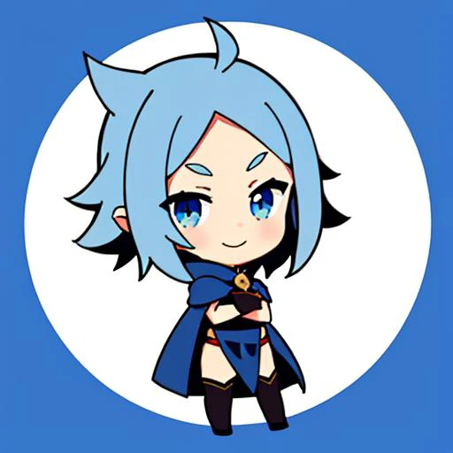 emoji, simple background, 1girl, solo, full body, black background, white skin, outline, iop, blue eyes, blue hair, short spikey hair, calm, standing, smiling, wizzard with a stuff