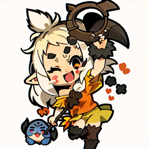 emoji, simple background, 1girl, solo, full body, black background, blue skin, outline, osamodas, pointy ears, blonde, medium hair, one eye closed, open-mouthed smile, looking at viewer, blush stickers, smile, standing, standing on one leg, dynamic pose, happy emotion, summoner, druid, horns, bird, skirt, staff, holding staff, holding