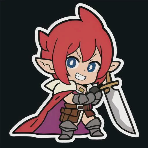 emoji, simple background, 1boy, solo, full body, black background, white skin, outline, iop, pointy ears, red hair, medium hair, pupils, looking at viewer, smile, grin, teeth, standing, fighting stance, happy emotion, warrior, armor, cape, gloves, weapon, sword, sword on fire, holding