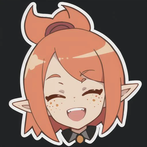 emoji, simple background, 1girl, solo, full body, black background, white skin, outline, iop, pointy ears, orange hair, medium hair, closed eyes, open-mouthed smile, freckles, evil smile, dynamic pose, happy emotion, warrior
