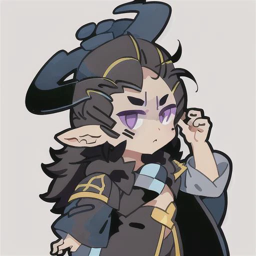 emoji, simple background, (1boy), solo, white skin, outline, xelor, mage, pointy ears, (black hair), long hair, curvy, chibi, (portrait), (upper body), waven, mage hat, witch hat,