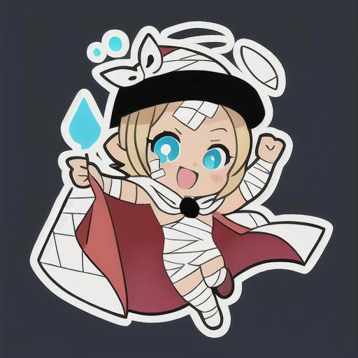 emoji, simple background, 1girl, solo, black background, outline, xelor, looking at viewer, floating, dynamic pose, happy emotion, mage, time mage, tech mage, hat, cape, bandaid, bandages