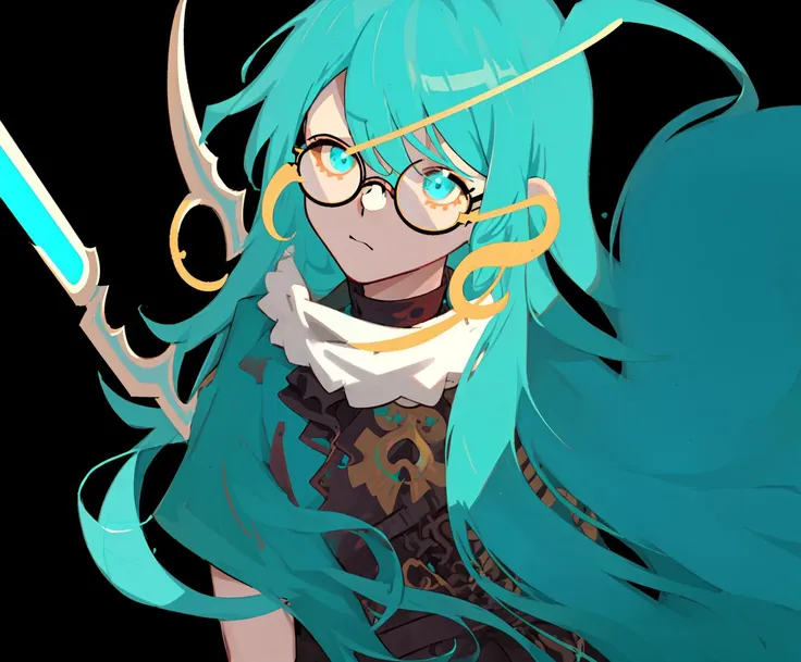 waven, emoji, turquoise hair, turquoise glowing eyes, glasses, male, boy, scythe, pale skin, (portrait), simple background, outline, solo, chibi, centered, long hair, straightened hair, straight bangs, (upper body)<hypernet:Toru8pWavenChibi_wavenchibiV10b:0.48>