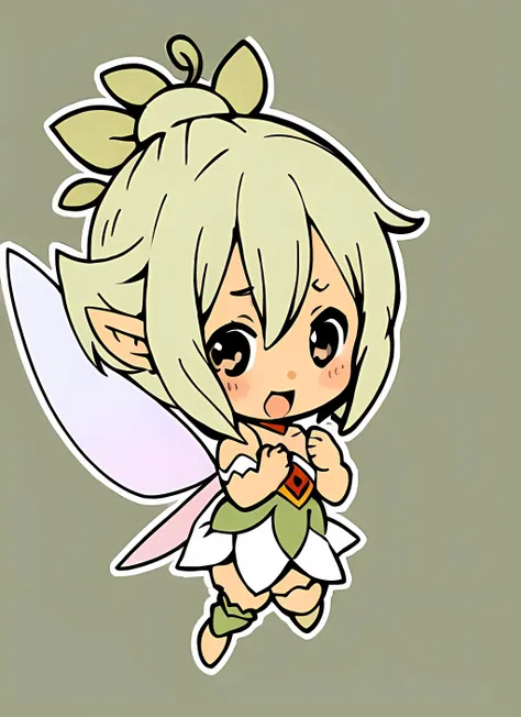 ((masterpiece, best quality)), a girl, ((chibi)), full body, green hair, happy, flying, shiny eyes, magical fairy, clear drawing, outline, flat background