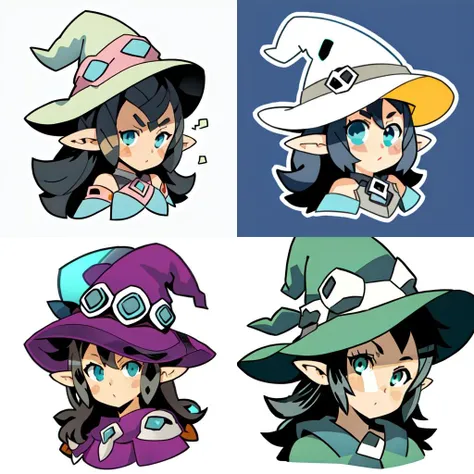 emoji, simple background, (1boy), solo, white skin, outline, xelor, mage, pointy ears, (black hair), long hair, curvy, chibi, (portrait), (upper body), waven, mage hat, witch hat,