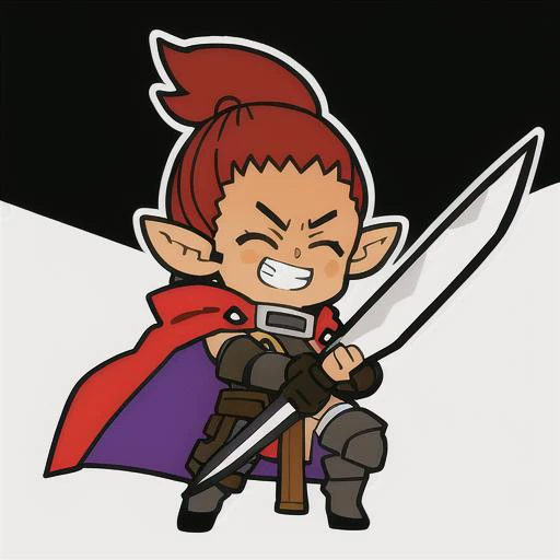 emoji, simple background, 1boy, solo, full body, black background, white skin, outline, iop, pointy ears, red hair, medium hair, pupils, looking at viewer, smile, grin, teeth, standing, fighting stance, happy emotion, warrior, armor, cape, gloves, weapon, metal sword, holding