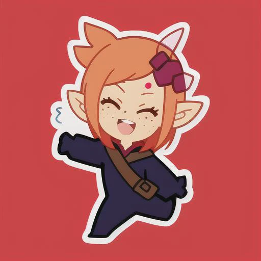 emoji, simple background, 1girl, solo, full body, black background, white skin, outline, iop, pointy ears, orange hair, medium hair, closed eyes, open-mouthed smile, freckles, smile, dynamic pose, happy emotion, warrior, bodysuit,